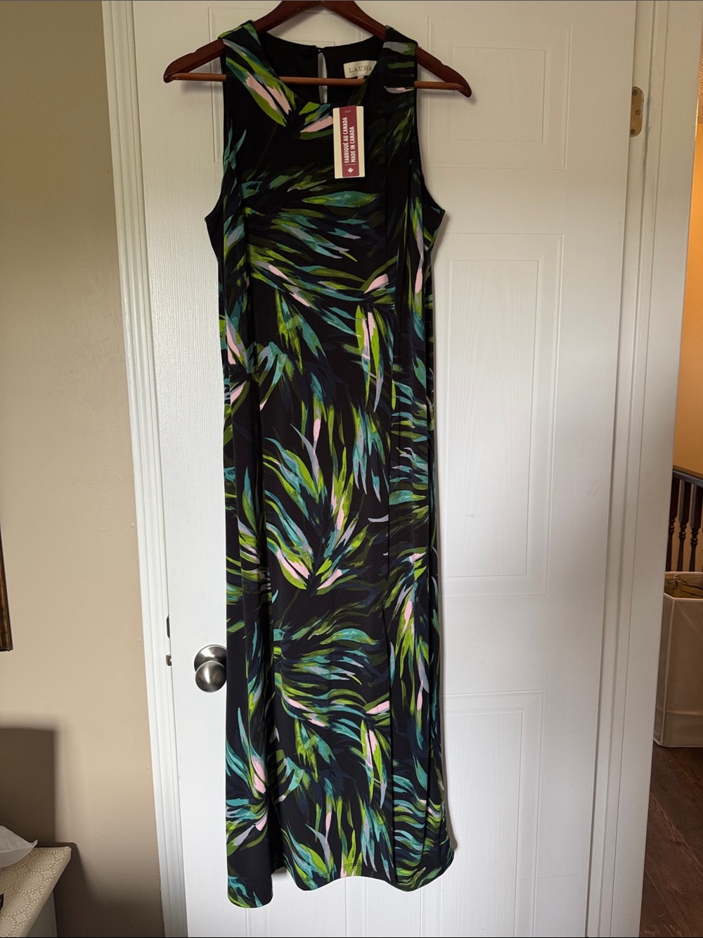 Laura Maxi Dress with Green & Pink Abstract Leaf Print